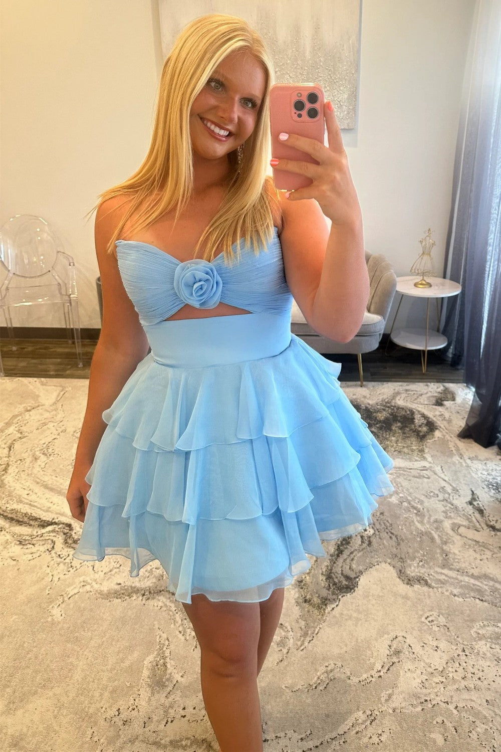 Well-made A Line Sweetheart Yellow Short Homecoming Dress with Ruffles Keyhole