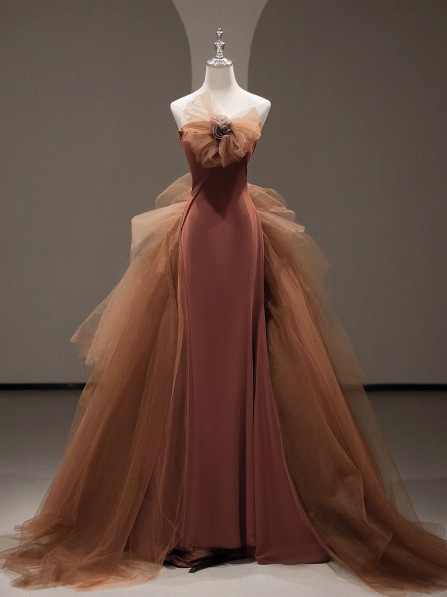 Simple Mermaid Strapless Brown Floor Length Prom Dress