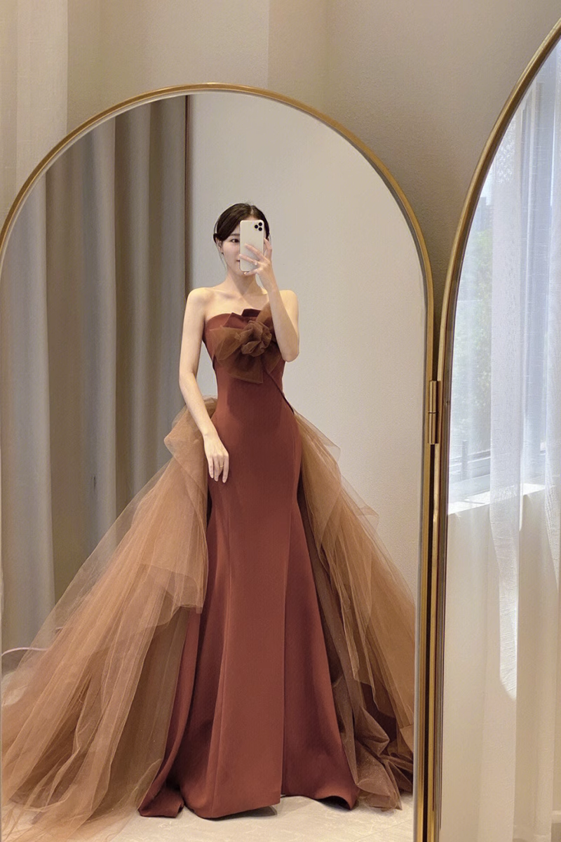 Simple Mermaid Strapless Brown Floor Length Prom Dress