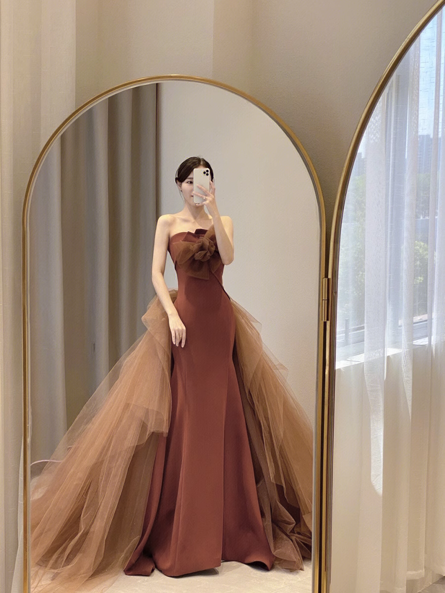 Simple Mermaid Strapless Brown Floor Length Prom Dress