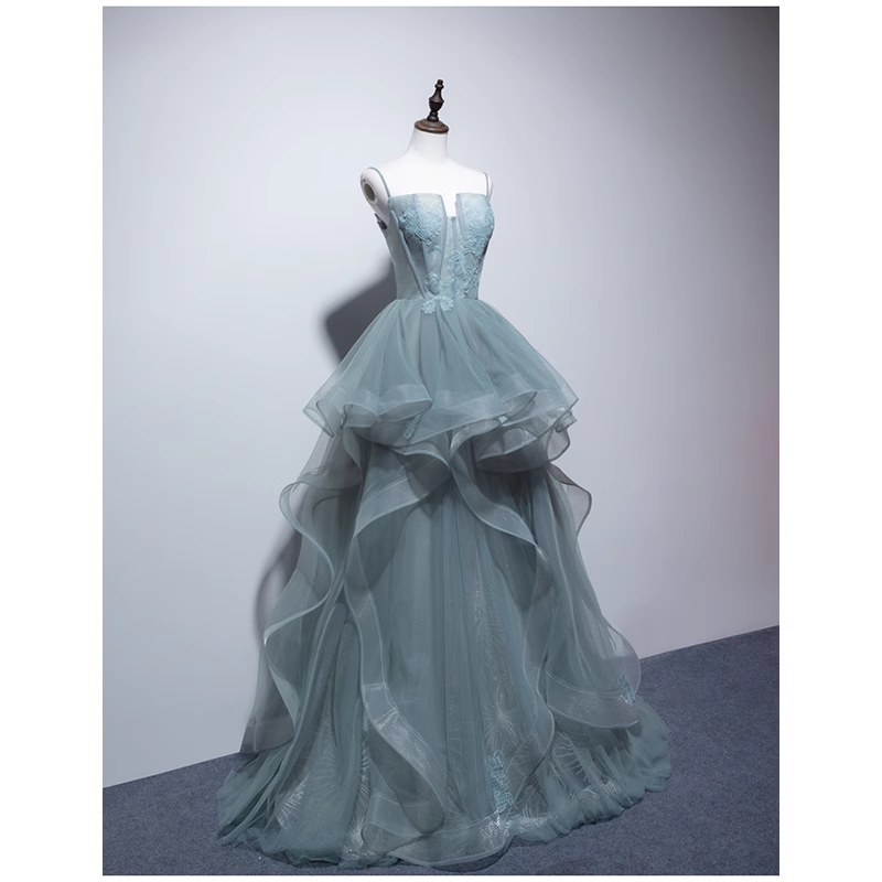 Simple A line Spaghetti Straps Grey Blue Floor Length Prom Dresses