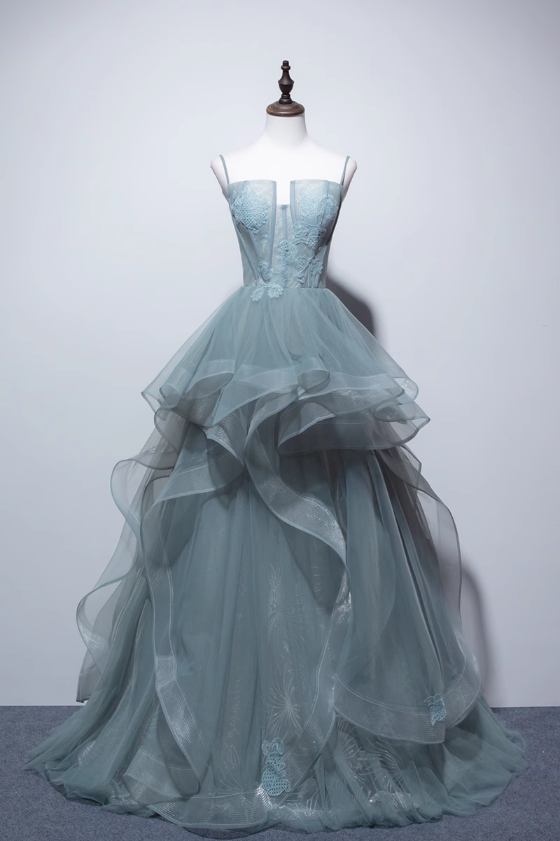 Simple A line Spaghetti Straps Grey Blue Floor Length Prom Dresses