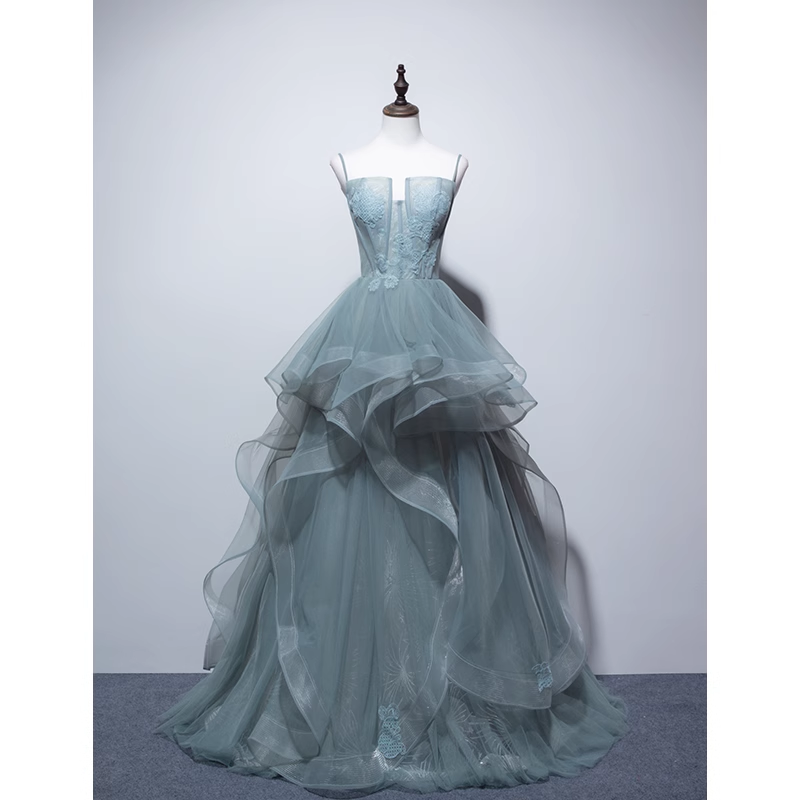 Simple A line Spaghetti Straps Grey Blue Floor Length Prom Dresses