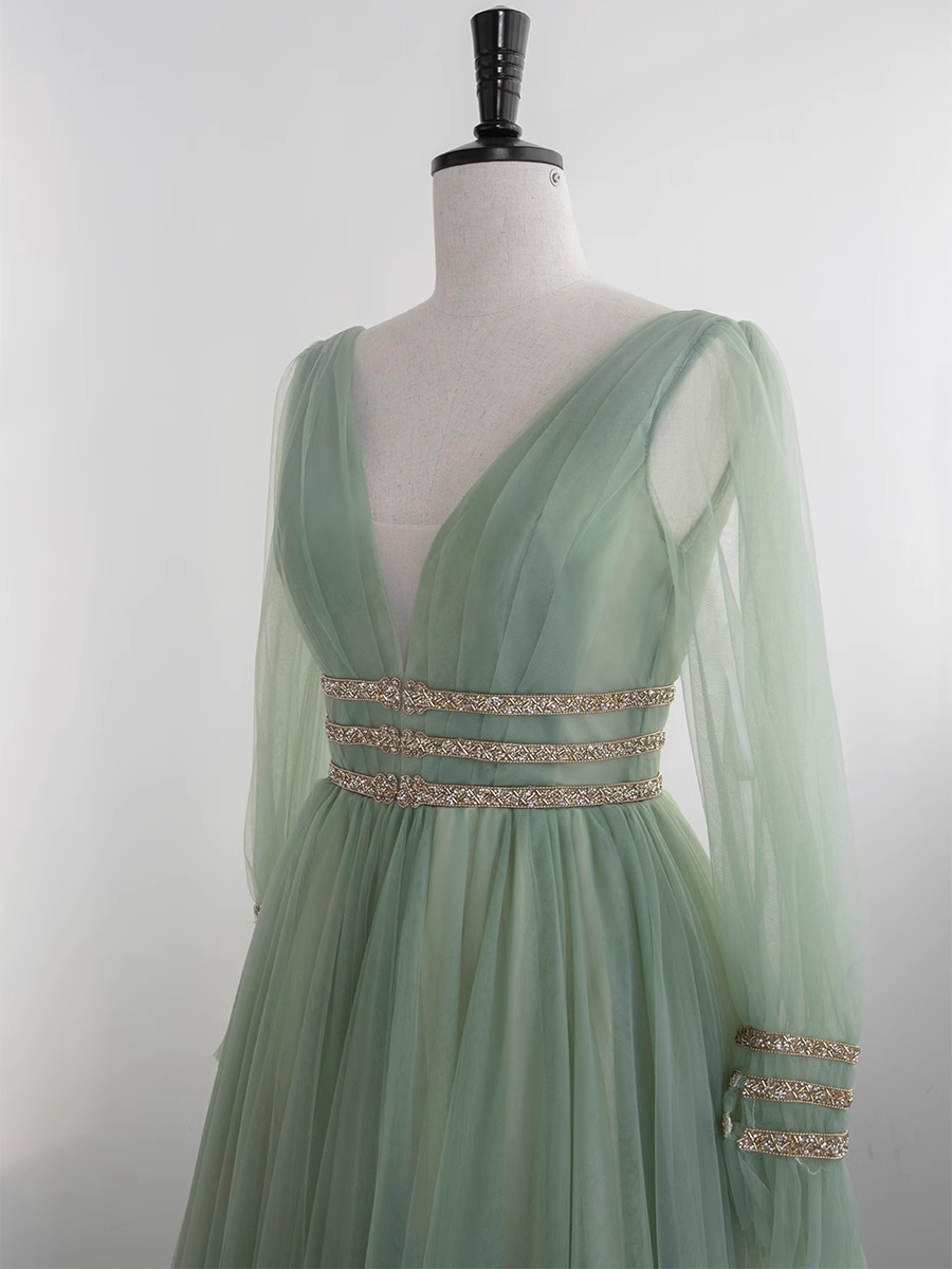 A line V Neckline Floor Length Tulle Mint Green Long Prom Dresses