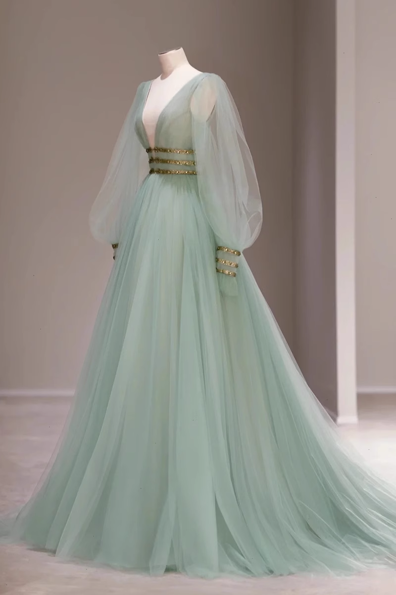 A line V Neckline Floor Length Tulle Mint Green Long Prom Dresses
