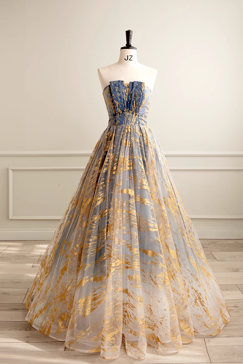 Ball Gown Strapless Floor Length Blue Long Prom Dresses Sweet 16 Dress