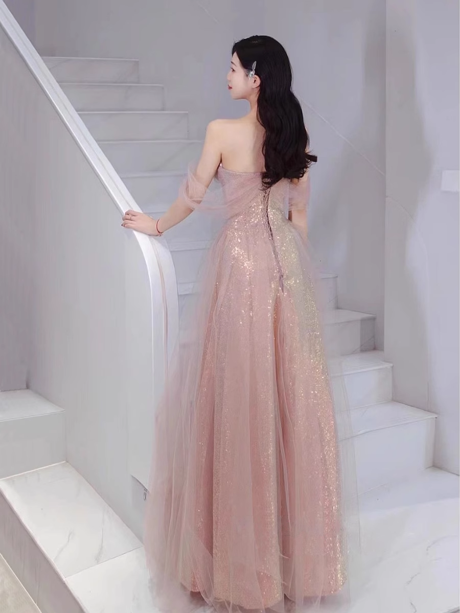 A line Spaghetti Straps Floor Length Pink Long Prom Dresses