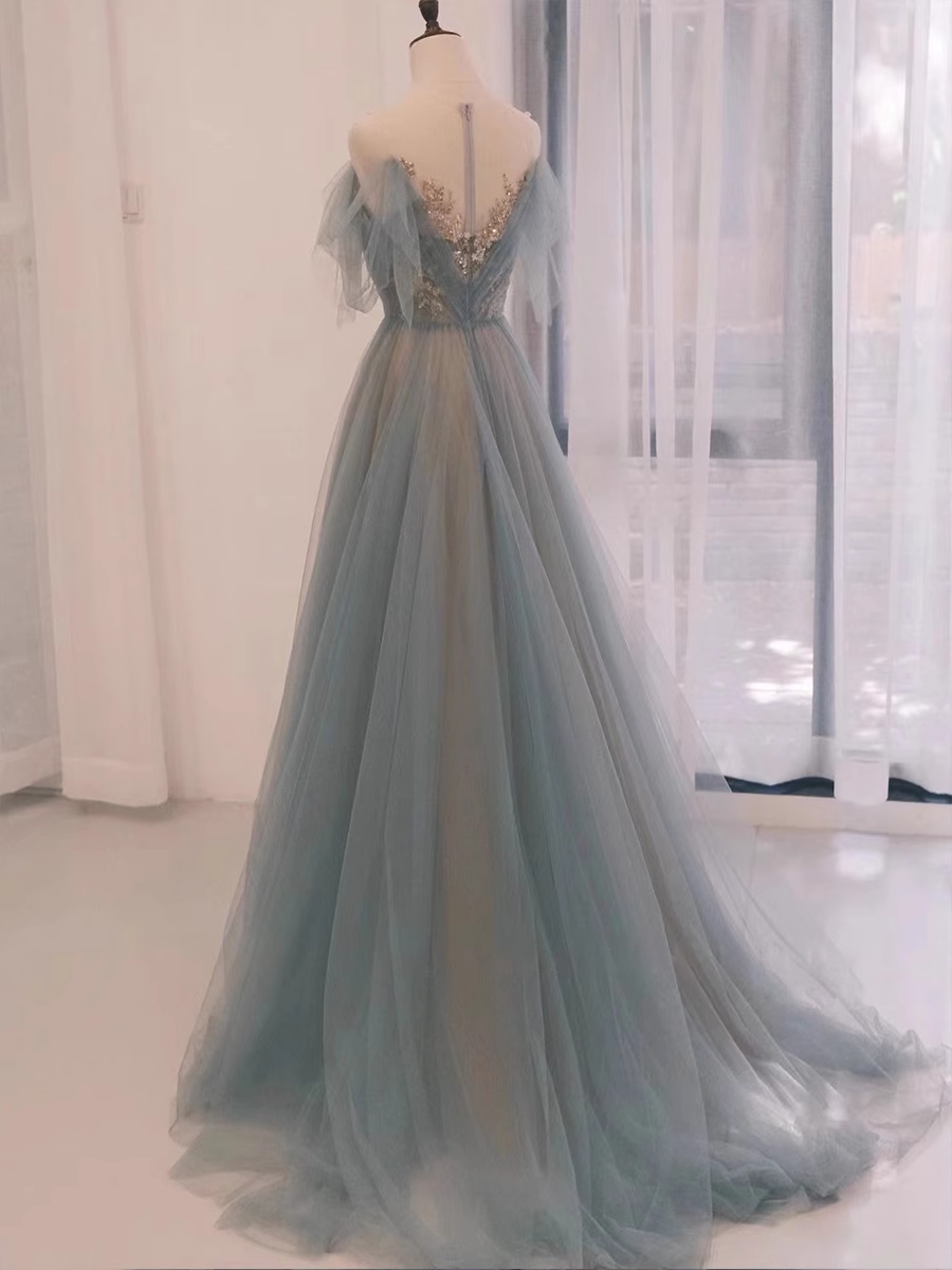 A line Straplesss Floor Length Tulle Blue Long Prom Dresses
