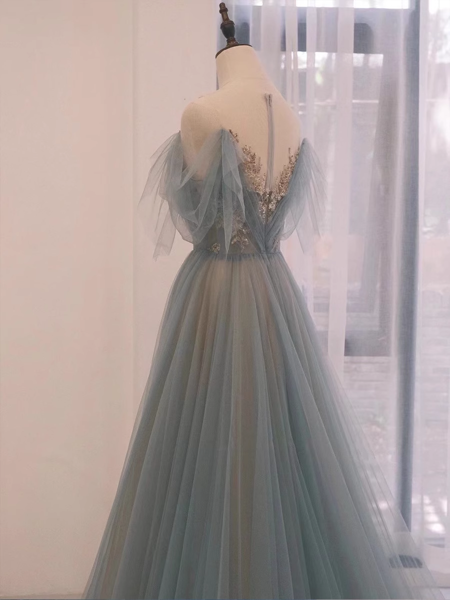 A line Straplesss Floor Length Tulle Blue Long Prom Dresses