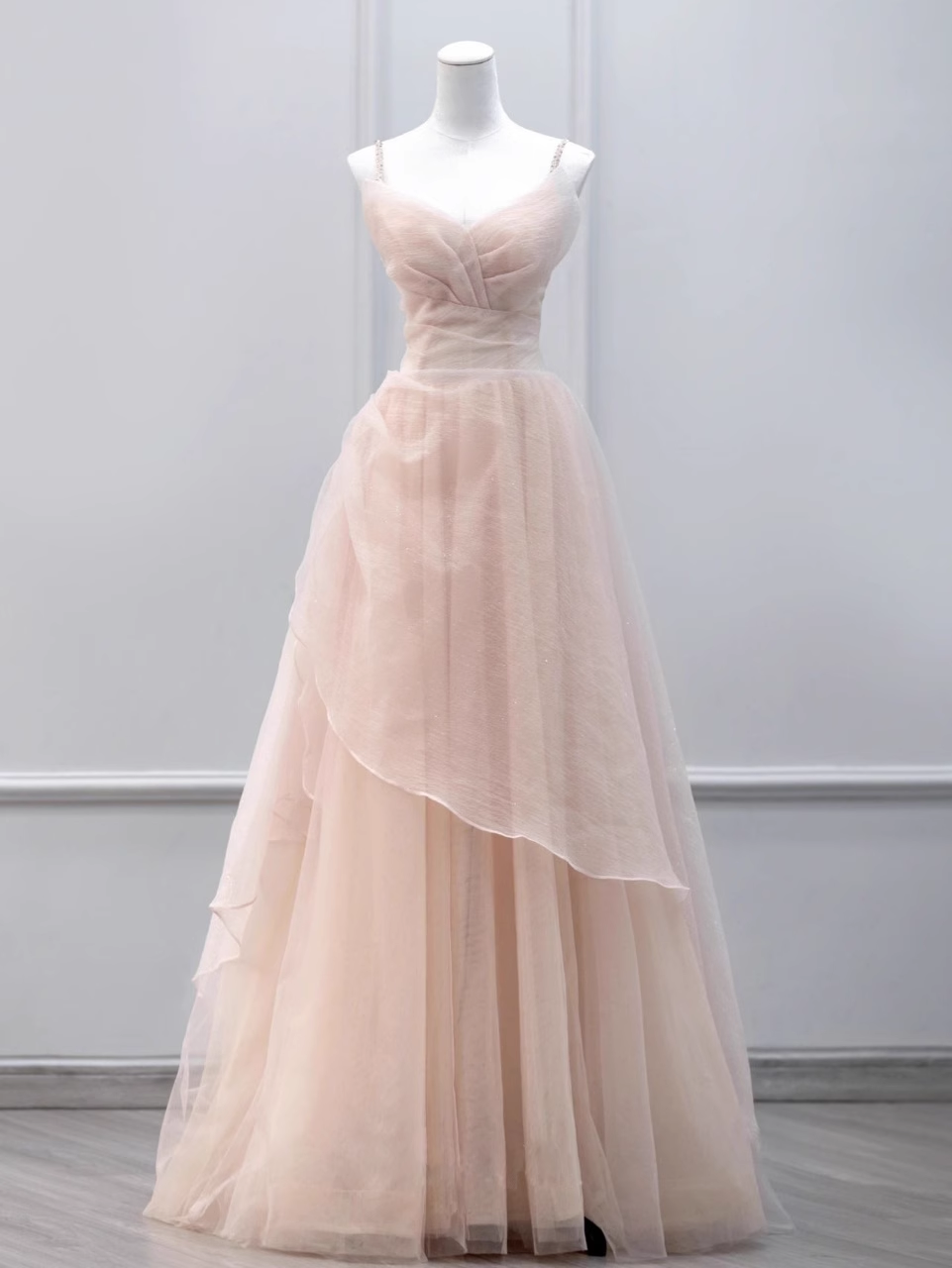 Simple A line Straps Floor Length Tulle Pink Long Prom Dresses