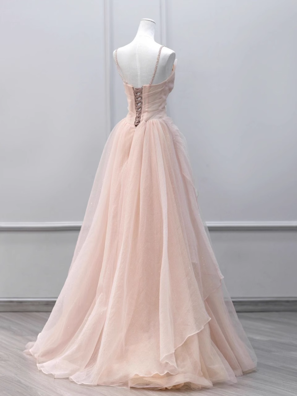 Simple A line Straps Floor Length Tulle Pink Long Prom Dresses