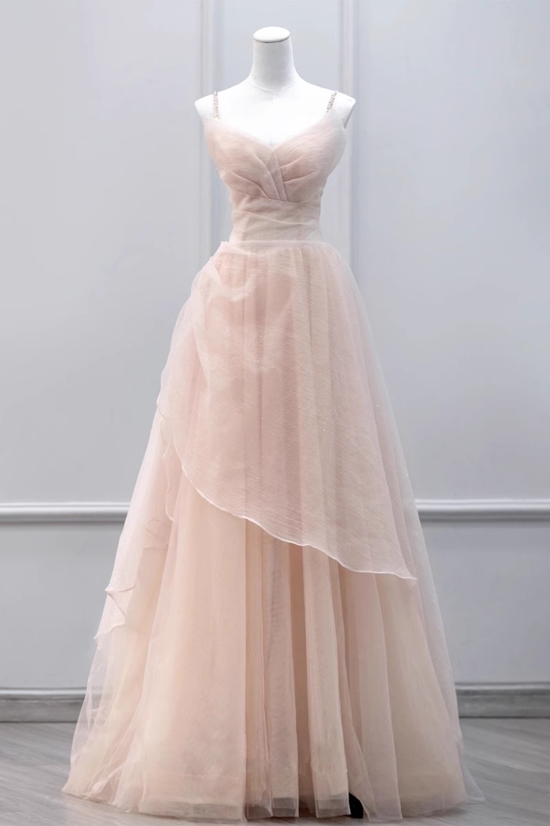 Simple A line Straps Floor Length Tulle Pink Long Prom Dresses
