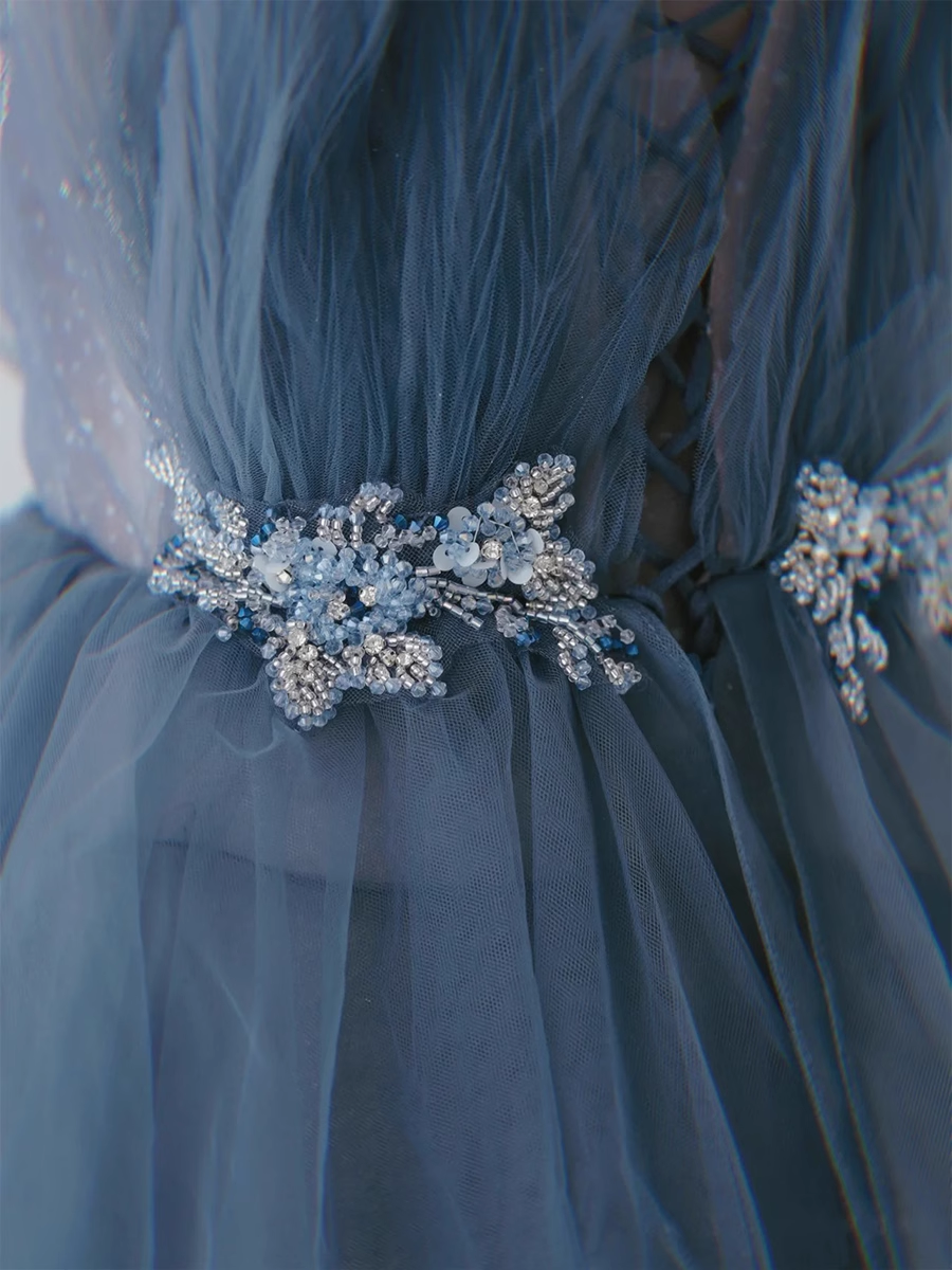 Luxury A line Spaghetti Straps Grey Blue Floor Length Prom Dresses