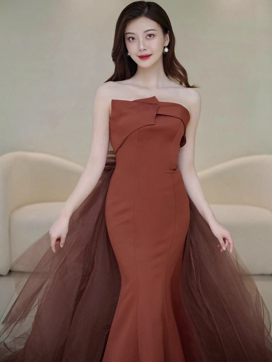 Simple Mermaid Strapless Brown Floor Length Tulle Prom Dress