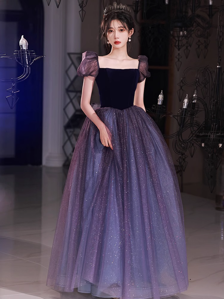Princess Ball Gown Floor Length Short Sleeves Tulle Prom Dress