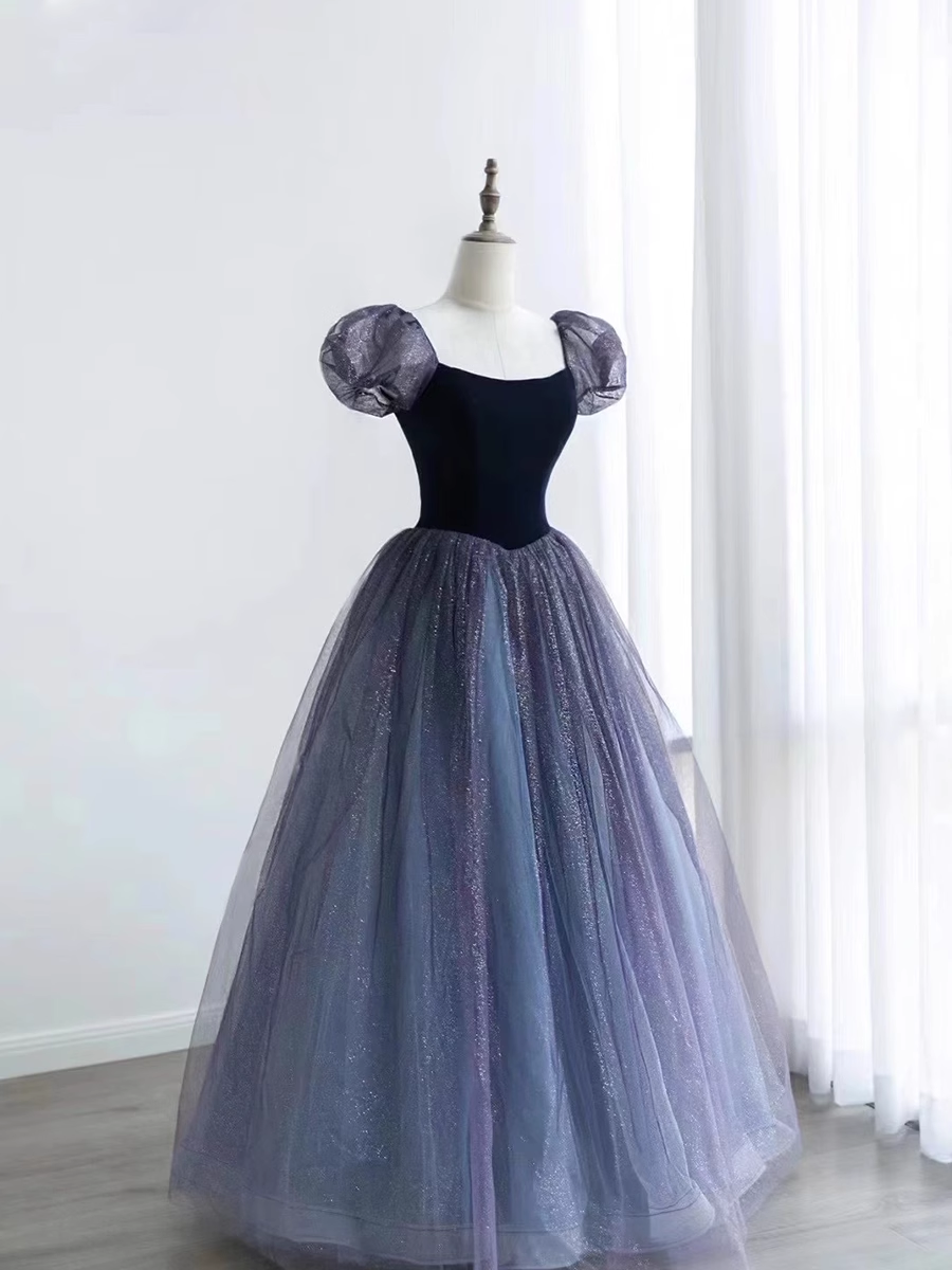 Princess Ball Gown Floor Length Short Sleeves Tulle Prom Dress