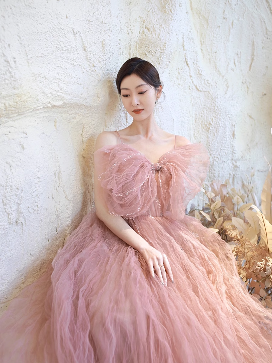 Ball Gown Sleeveless Pink Tulle Prom Dress