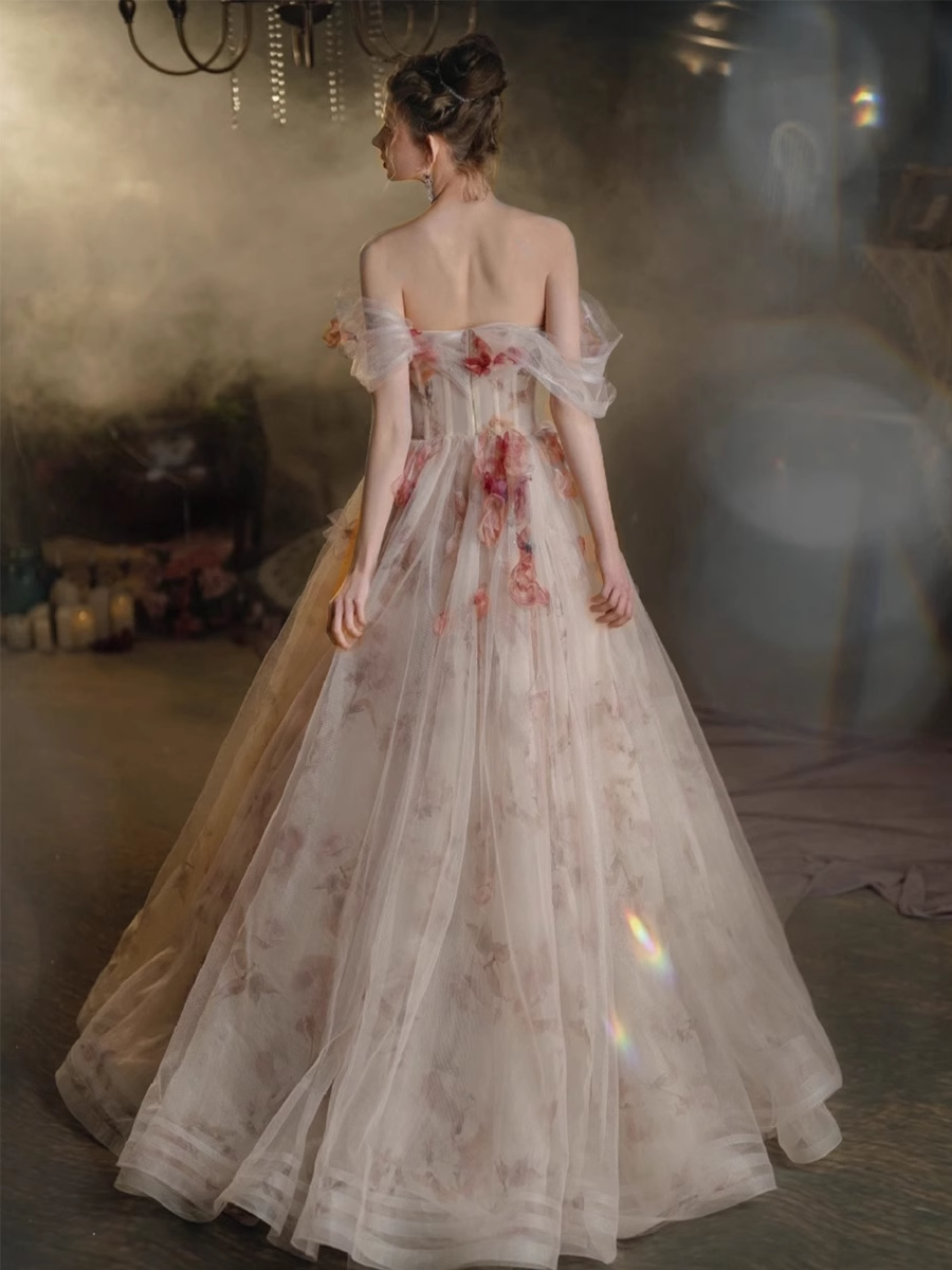 Beautiful A line Off The Shoulder Tulle Floral Wedding Dresses