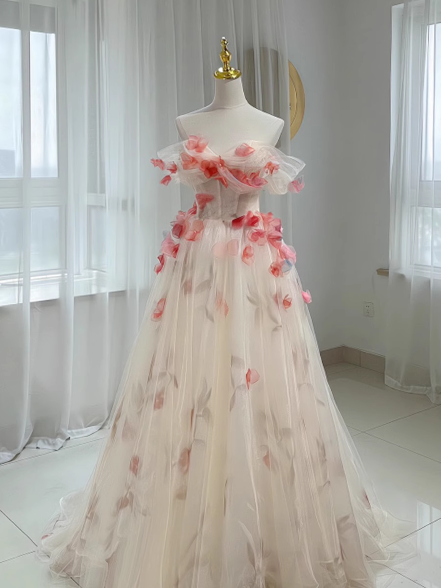 Beautiful A line Off The Shoulder Tulle Floral Wedding Dresses