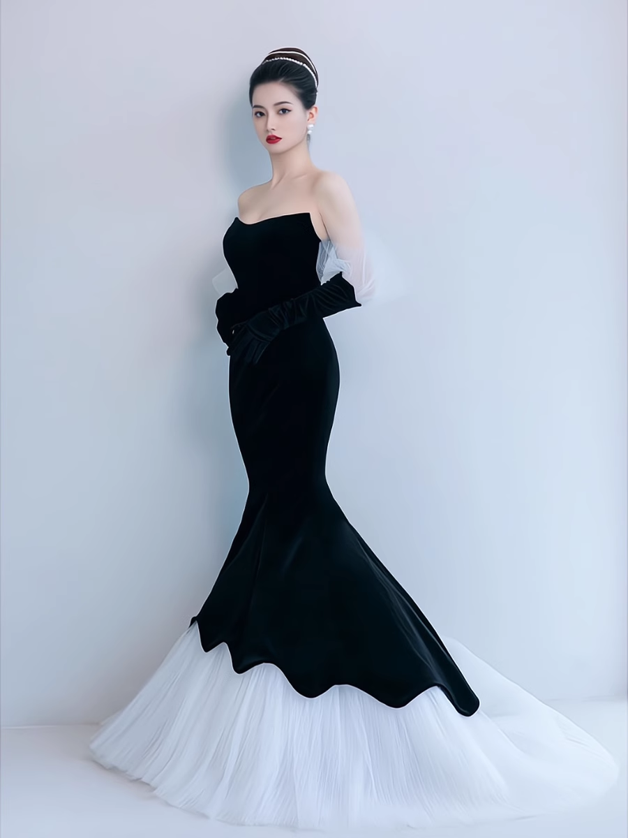 Mermaid Sleeveless Black Tulle Velvet Prom Dress