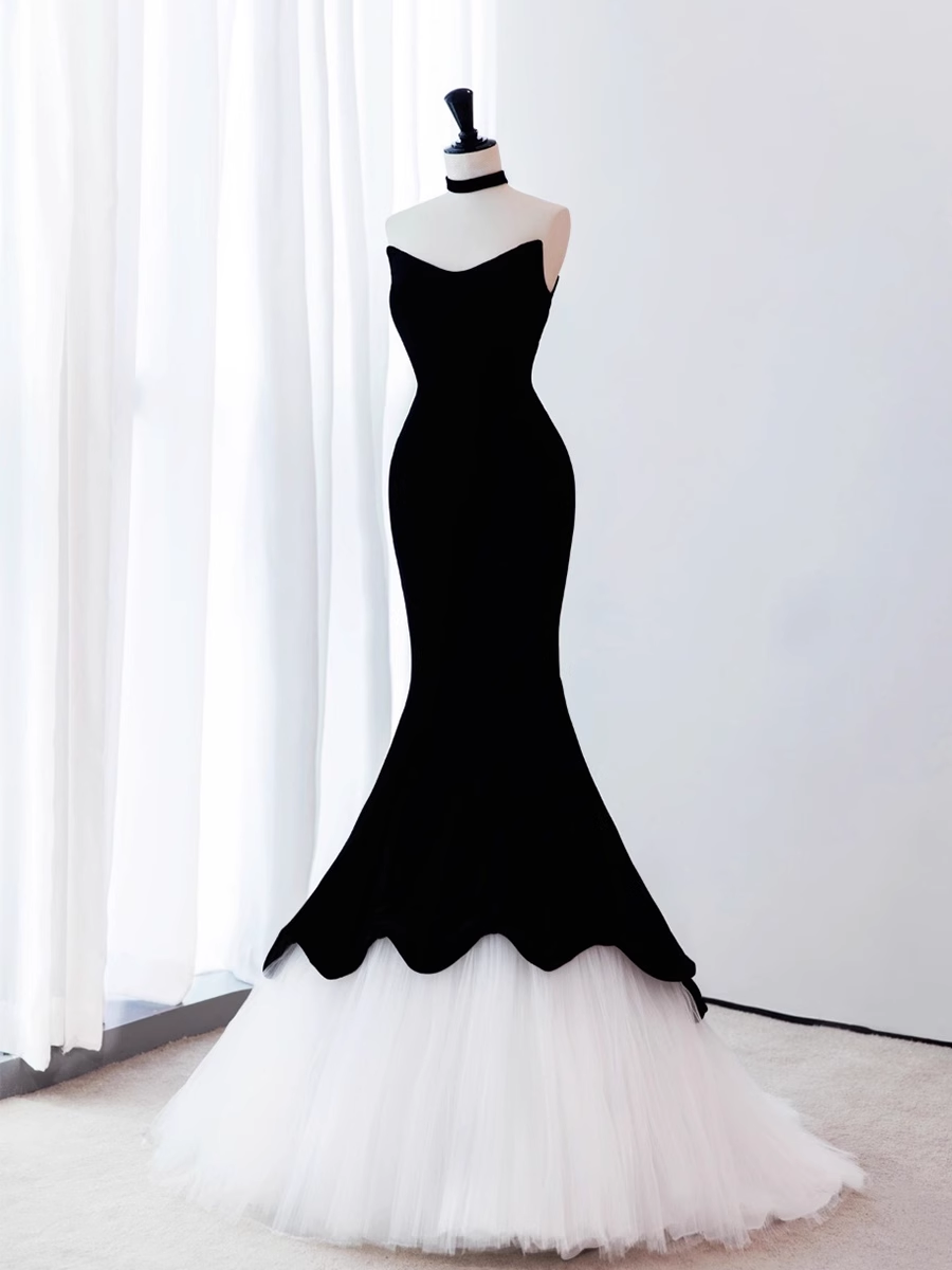 Mermaid Sleeveless Black Tulle Velvet Prom Dress