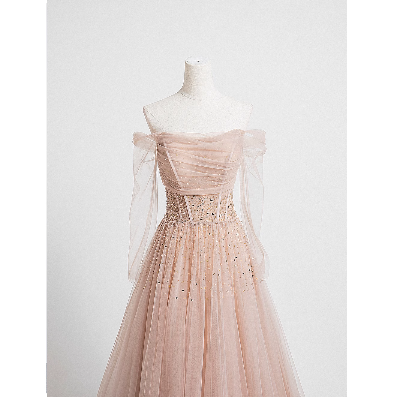Princess A line Off The Shoulder Pink Tulle Prom Dress