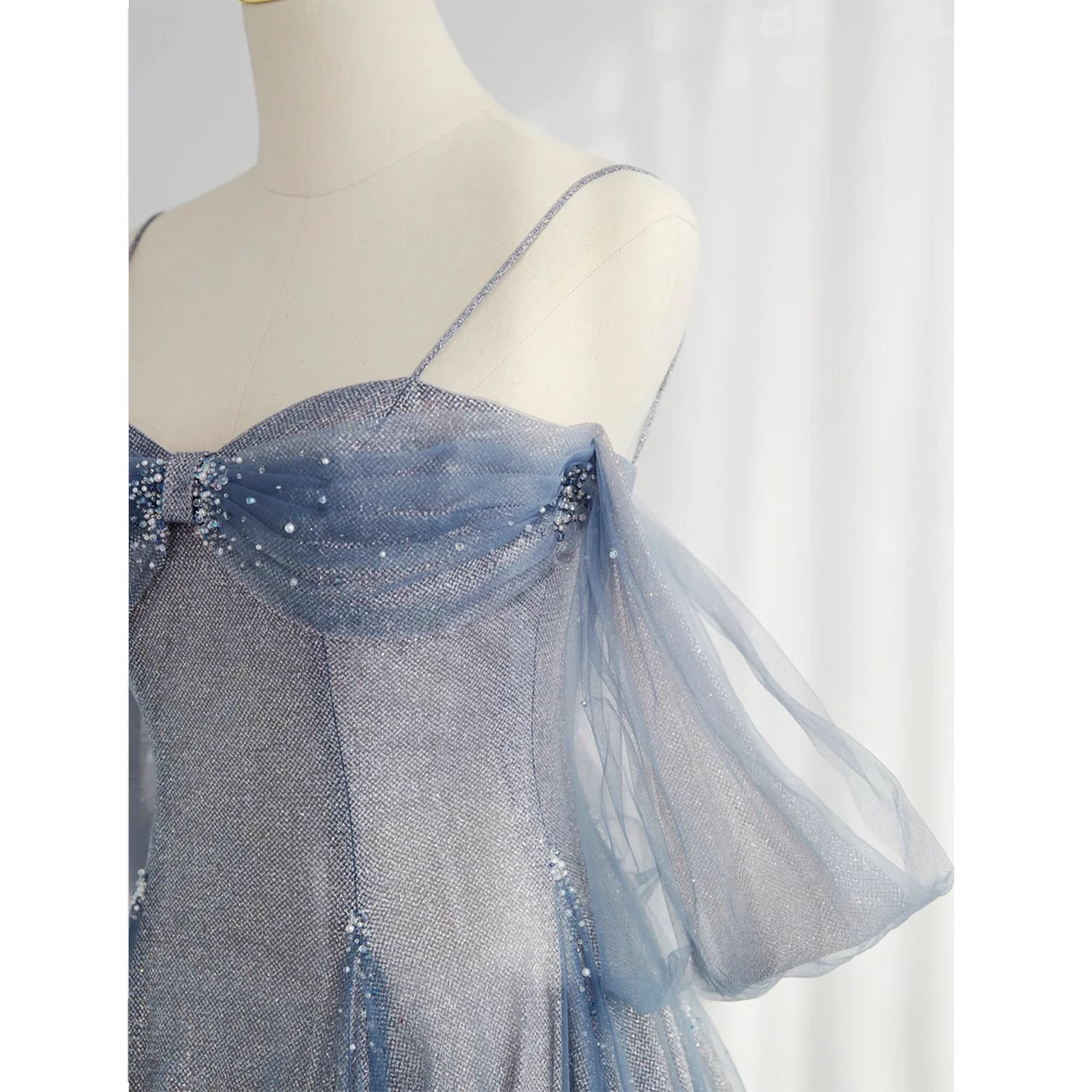 Cute A line Off The Shoulder Blue Tulle Prom Dress