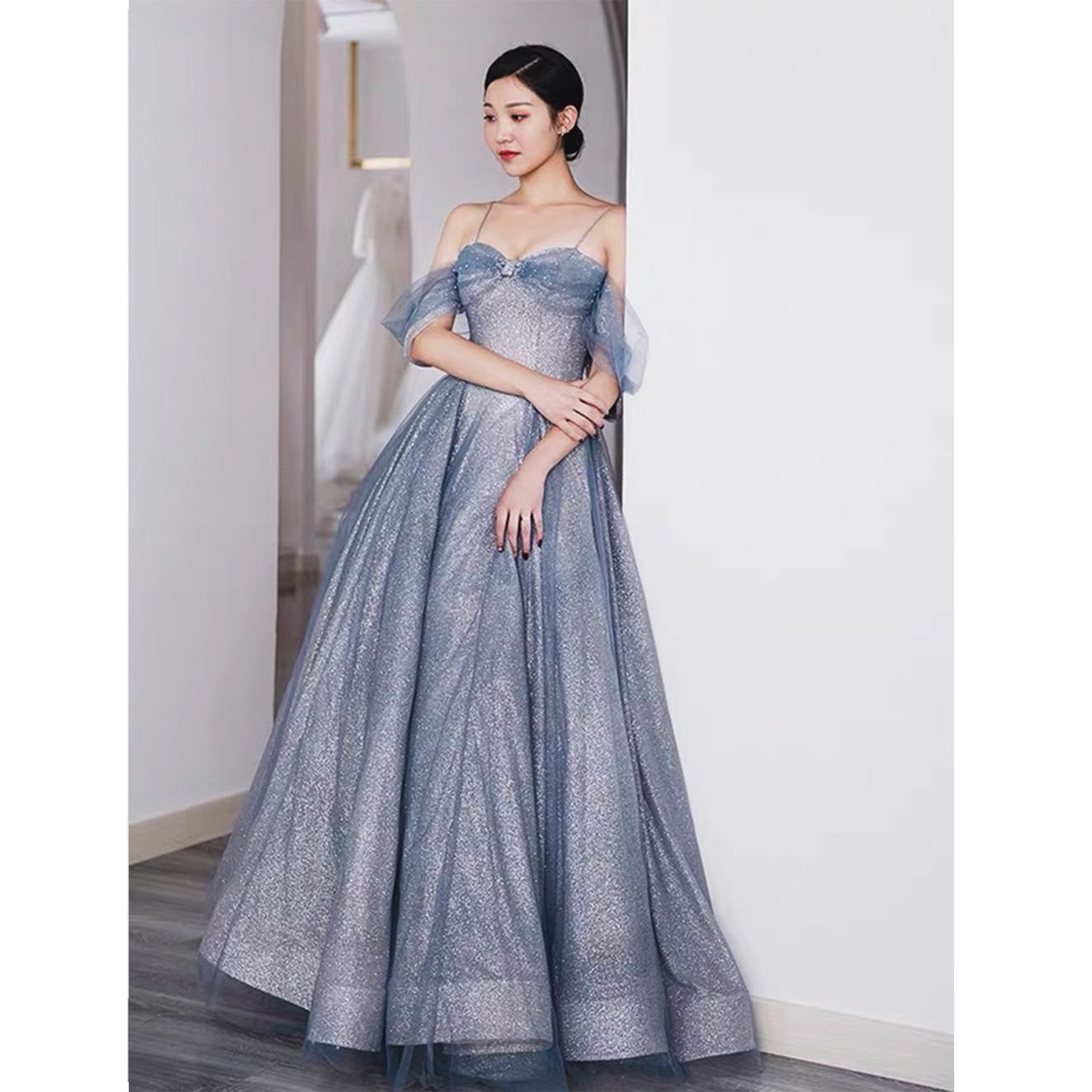 Cute A line Off The Shoulder Blue Tulle Prom Dress