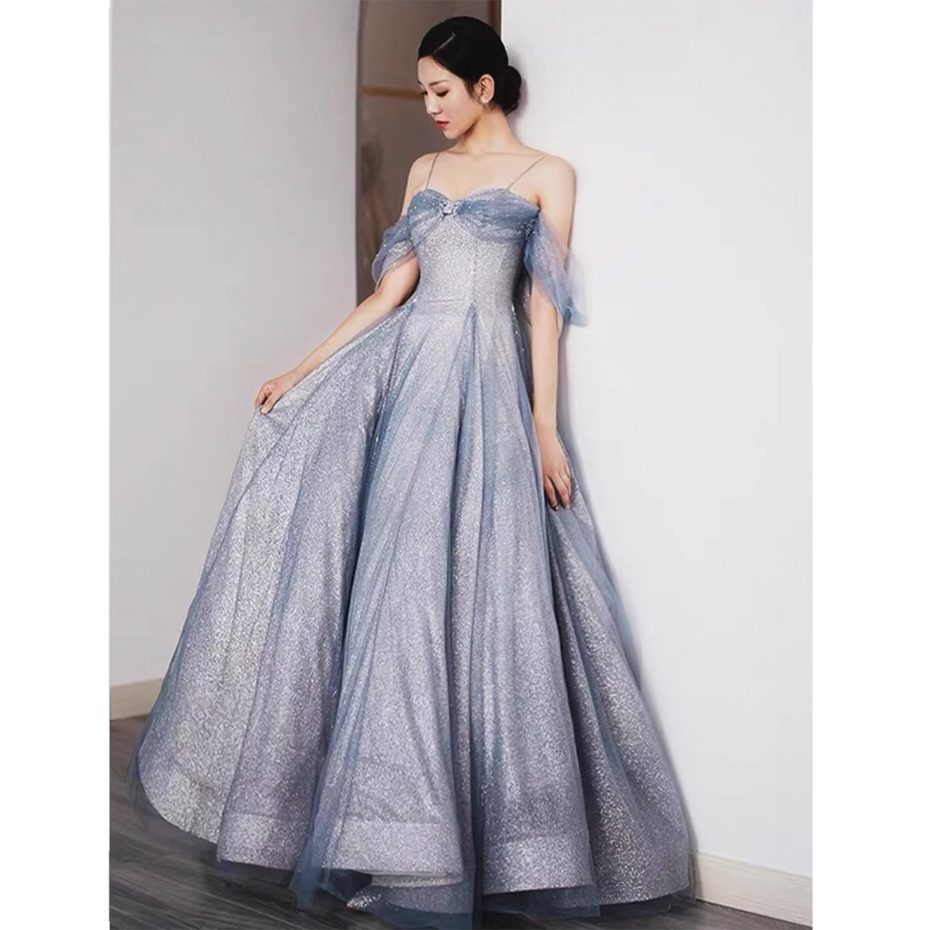 Cute A line Off The Shoulder Blue Tulle Prom Dress