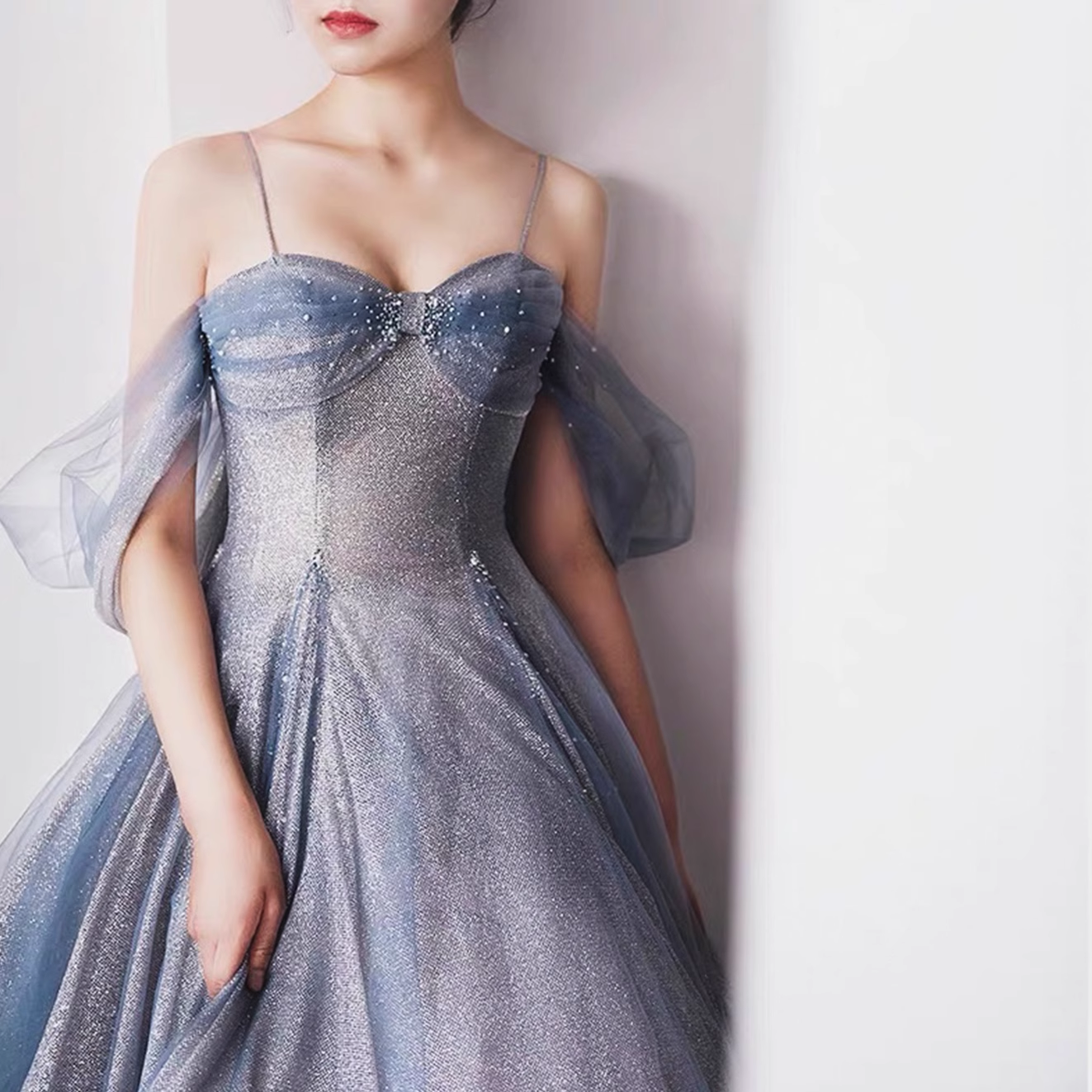 Cute A line Off The Shoulder Blue Tulle Prom Dress