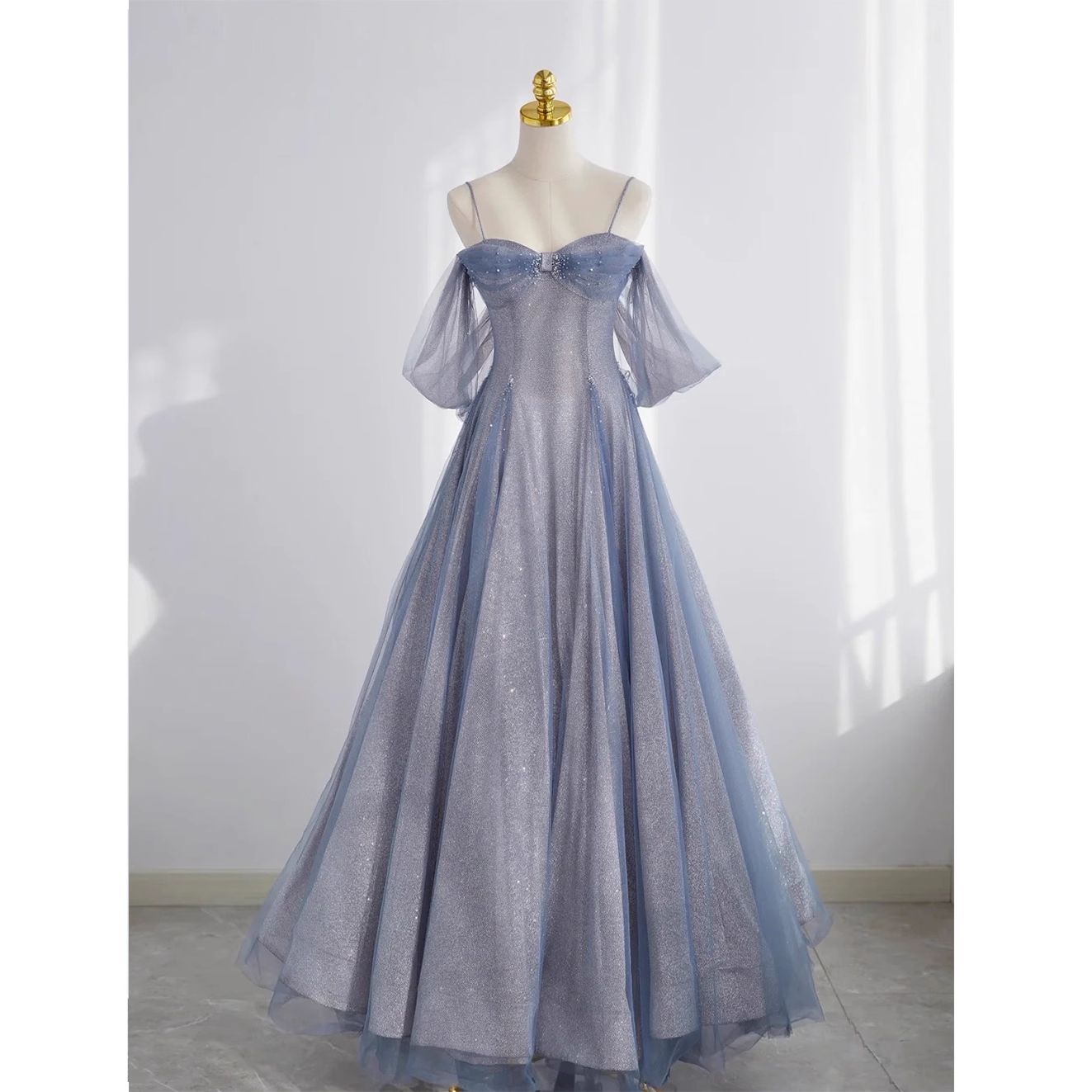 Cute A line Off The Shoulder Blue Tulle Prom Dress