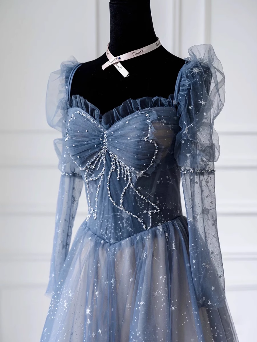 Cute A line Long Sleeves Blue Tulle Prom Dress