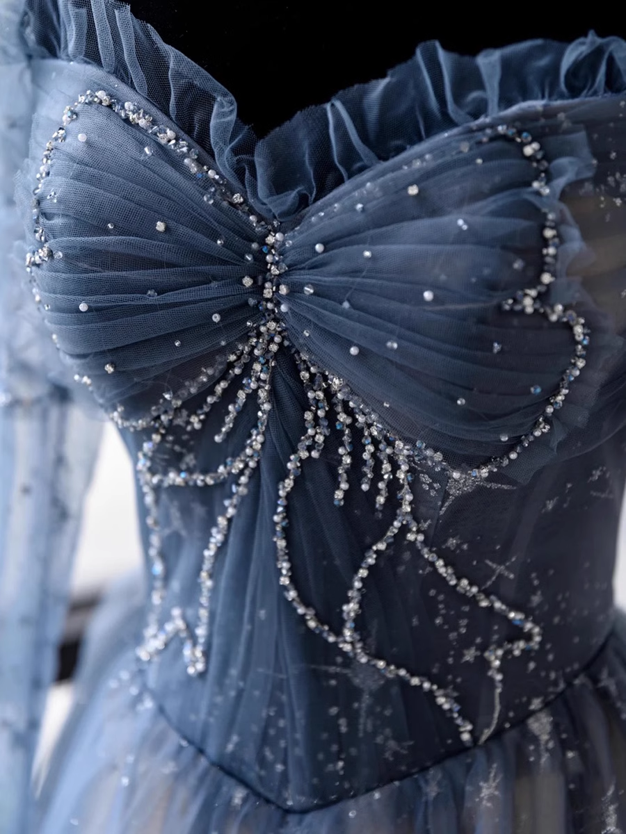 Cute A line Long Sleeves Blue Tulle Prom Dress