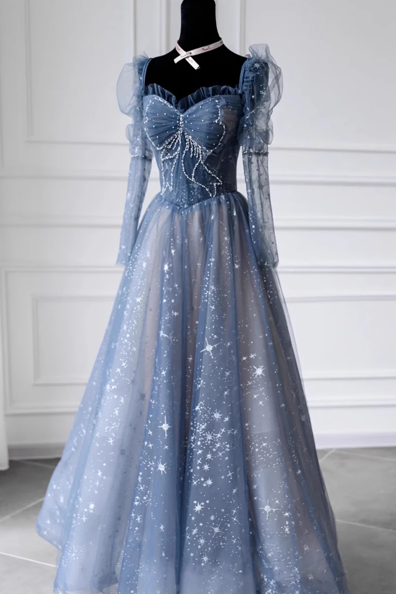 Cute A line Long Sleeves Blue Tulle Prom Dress