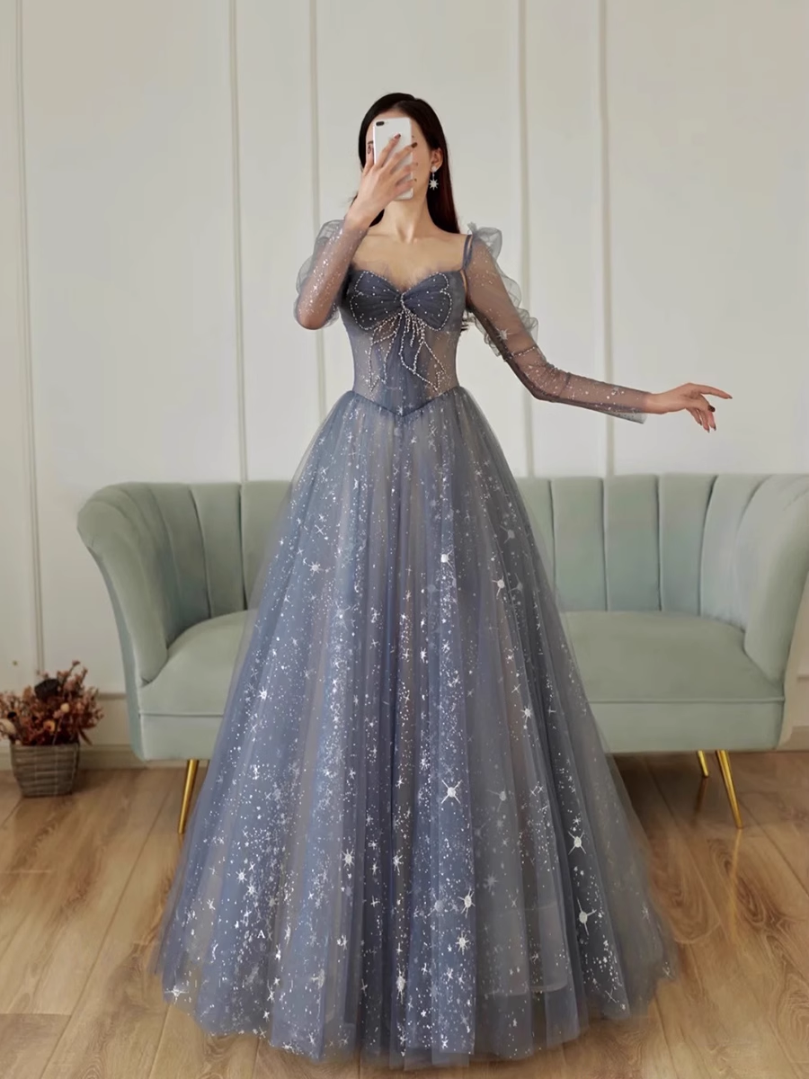 Cute A line Long Sleeves Blue Tulle Prom Dress