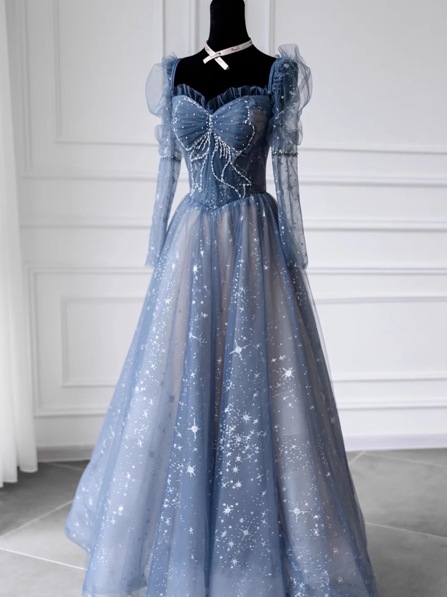 Cute A line Long Sleeves Blue Tulle Prom Dress