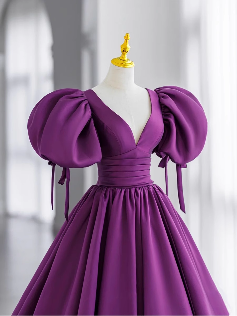 Ball Gown Short Sleeves Grape Satin Long Prom Dresses