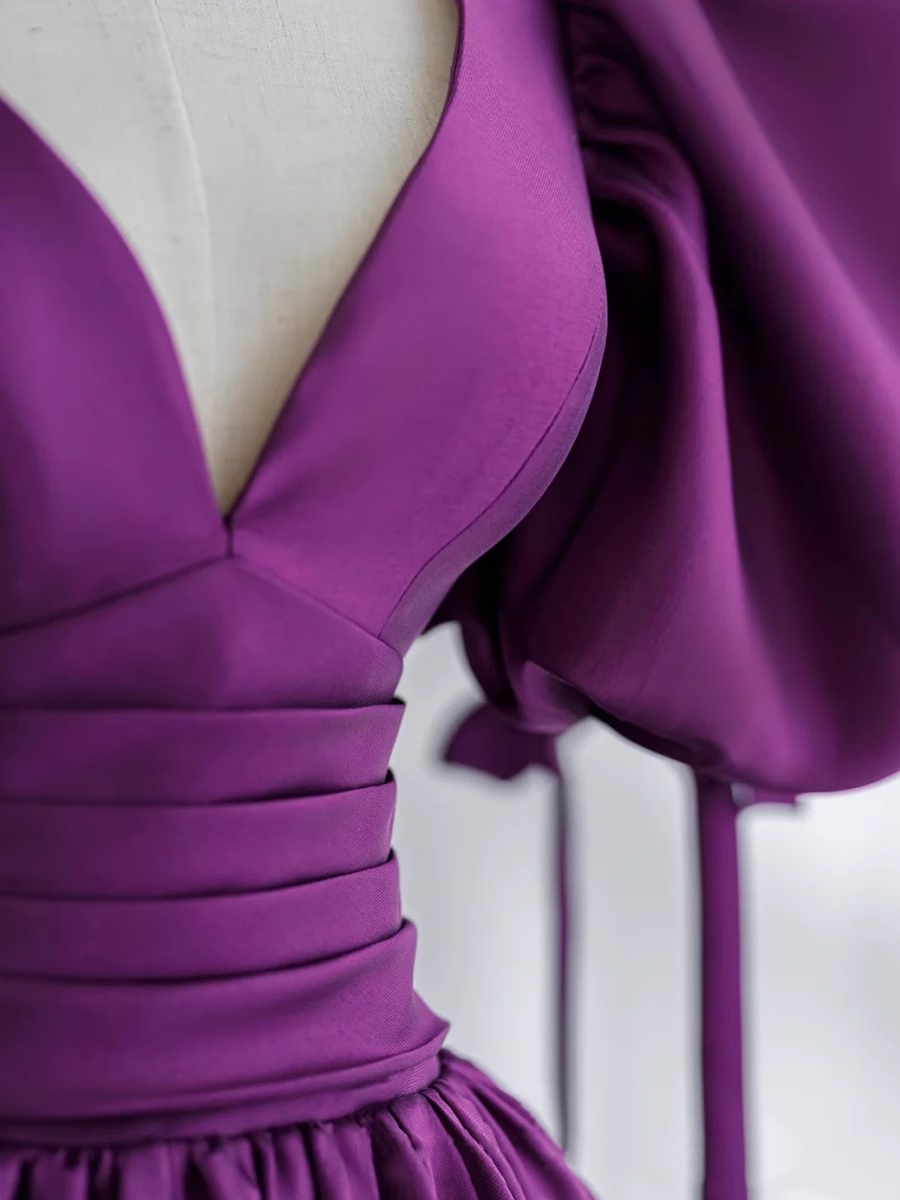 Ball Gown Short Sleeves Grape Satin Long Prom Dresses