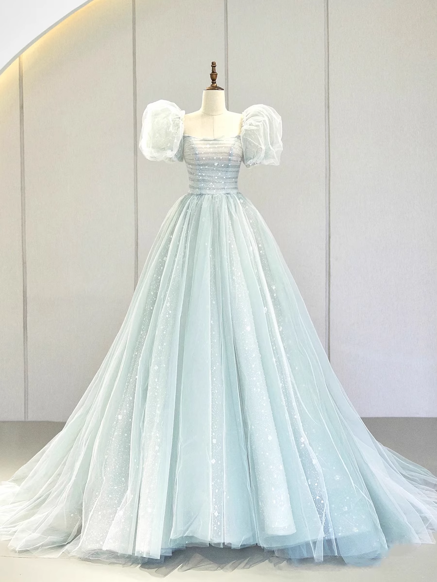 Ball Gown Short Sleeves Tulle Light Sky Blue Long Prom Dresses