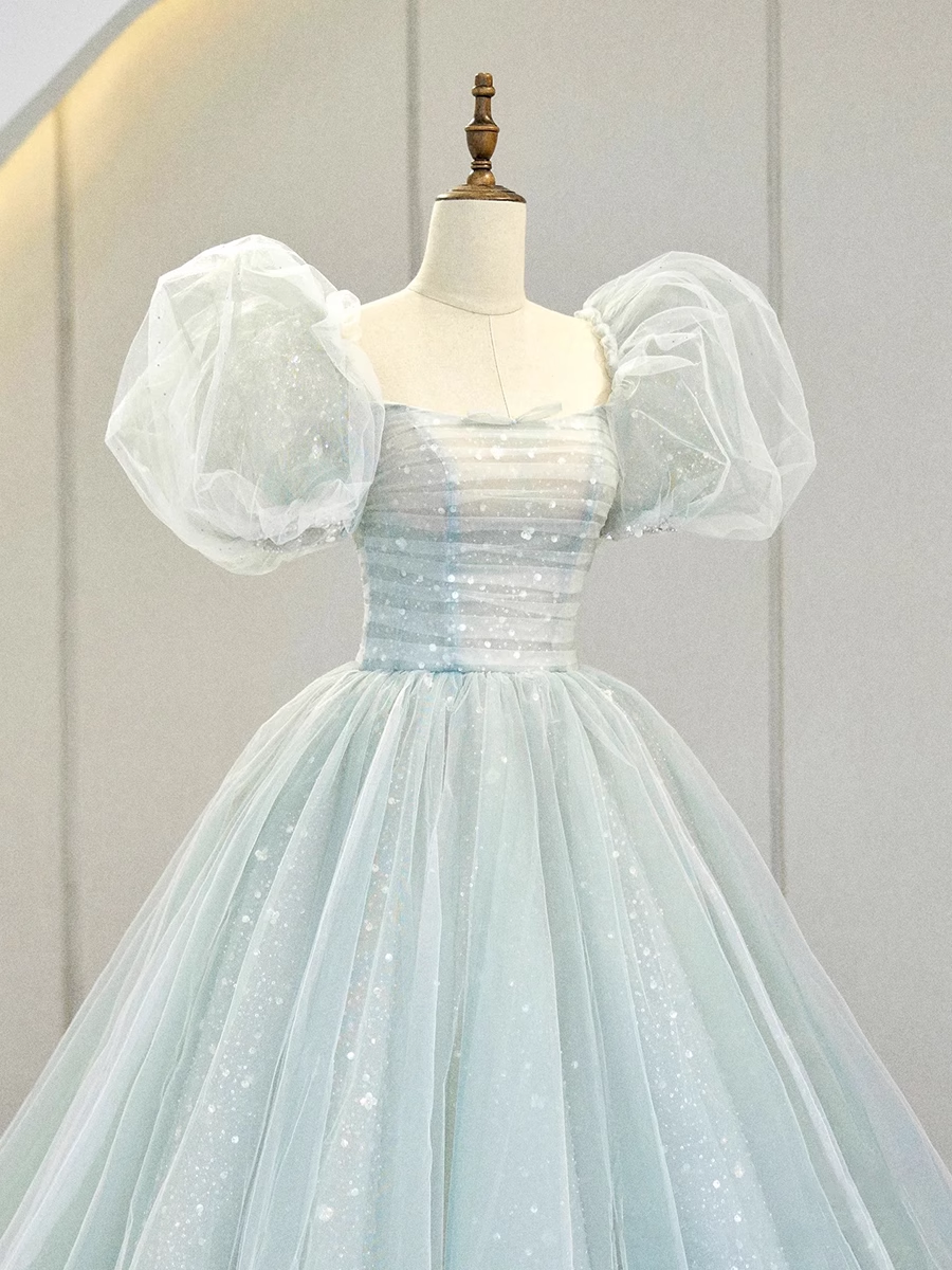 Ball Gown Short Sleeves Tulle Light Sky Blue Long Prom Dresses