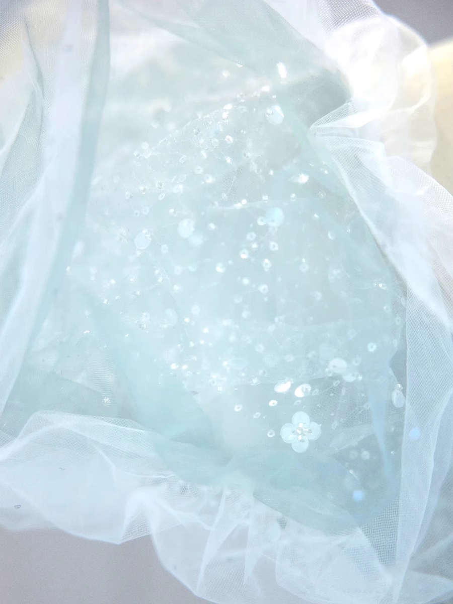 Ball Gown Short Sleeves Tulle Light Sky Blue Long Prom Dresses