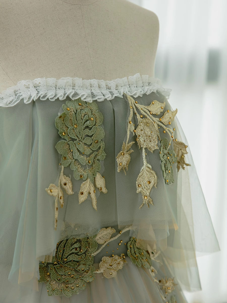 Ball Gown Short Sleeves Tulle Green Long Prom Dresses