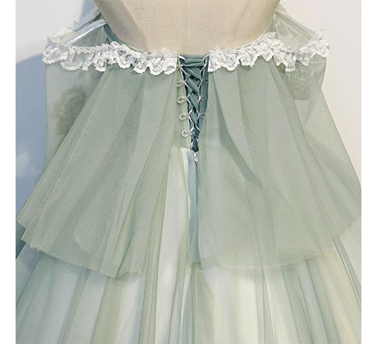 Ball Gown Short Sleeves Tulle Green Long Prom Dresses