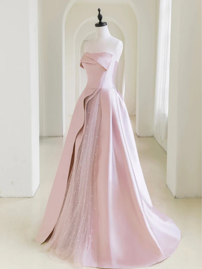 A-Line Satin Tulle Pink Long Prom Dress With Pearls