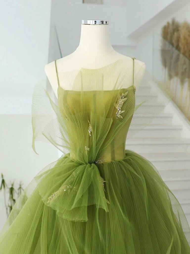 A-Line Green Tulle Long Prom Gown