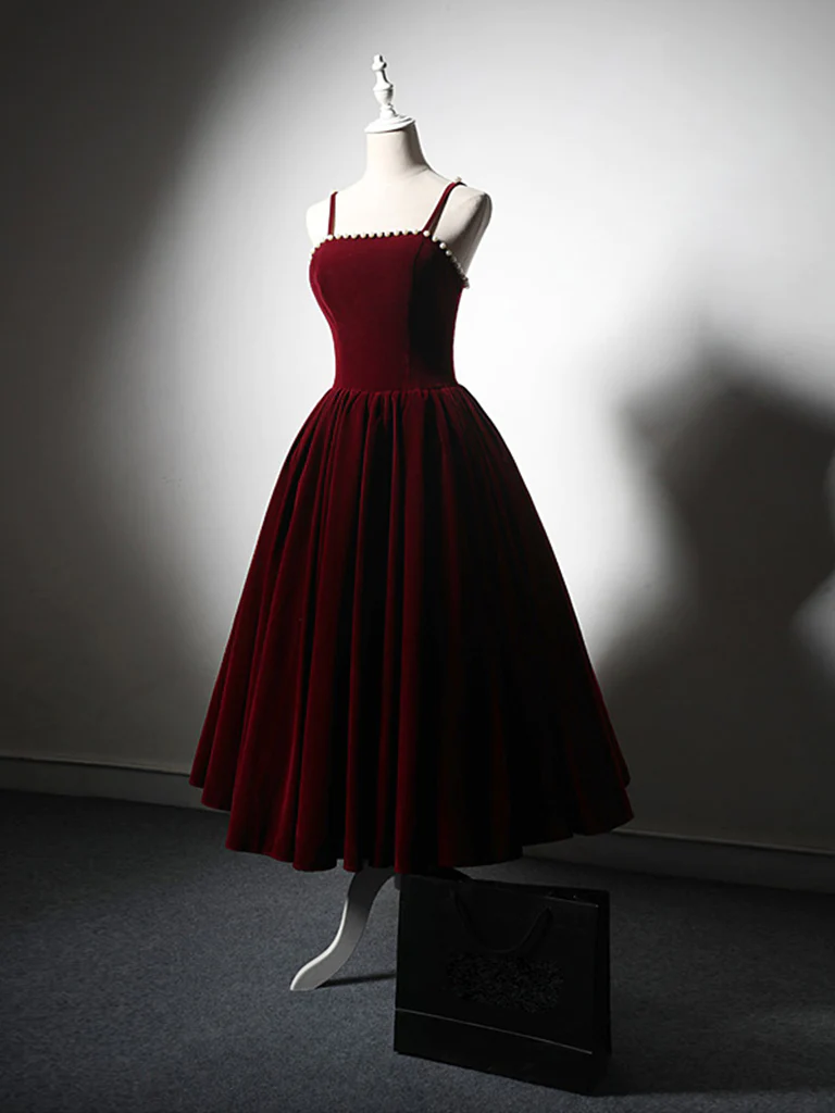 Simple A-Line Velvet Tea Length Burgundy Prom Dress