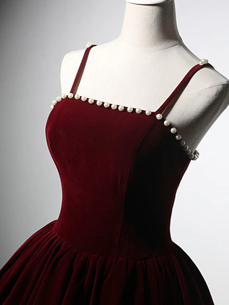 Simple A-Line Velvet Tea Length Burgundy Prom Dress