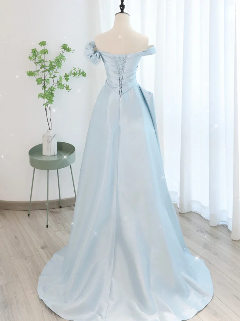 A-Line Light Sky Blue Satin Tulle Long Prom Dres