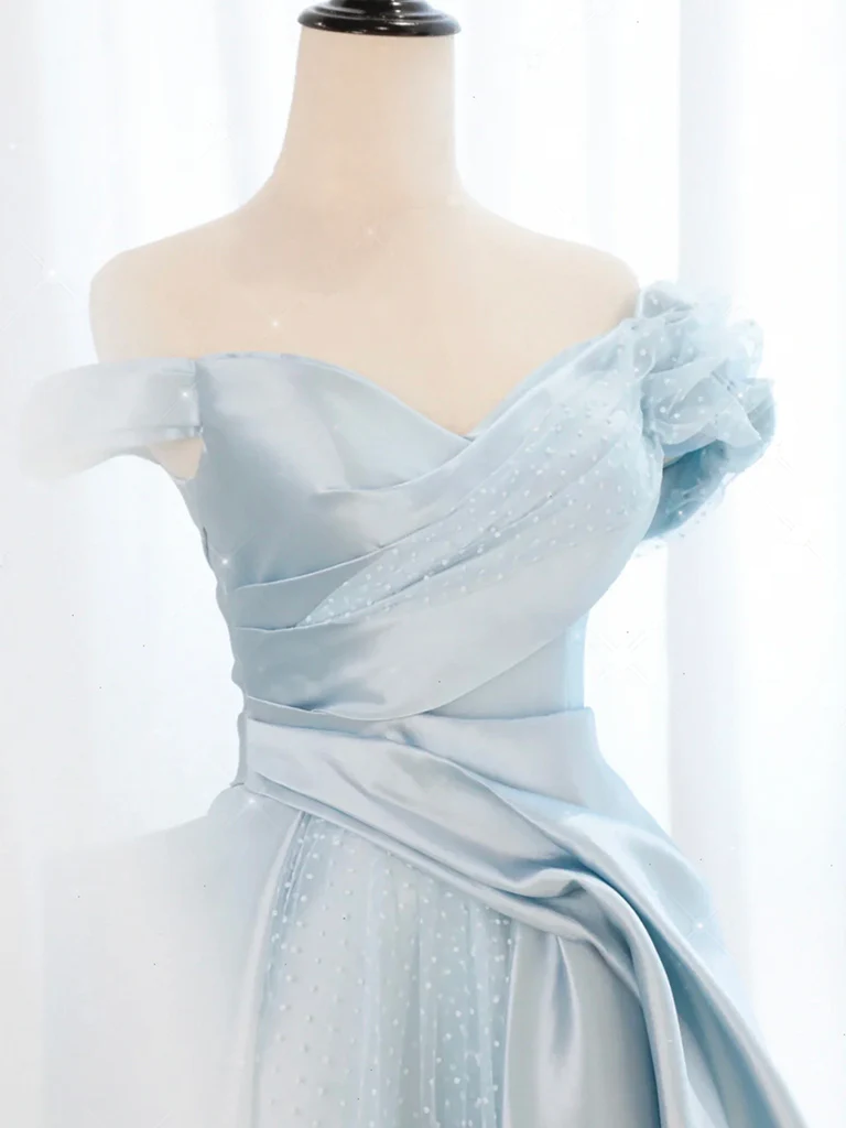 A-Line Light Sky Blue Satin Tulle Long Prom Dres