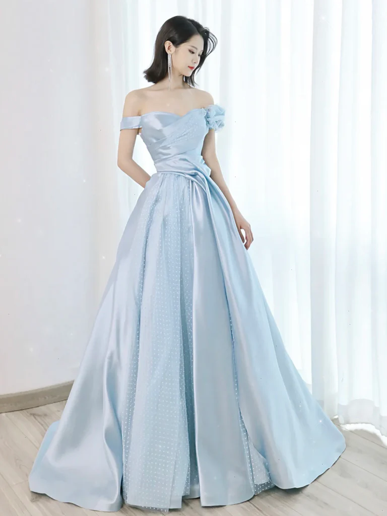 A-Line Light Sky Blue Satin Tulle Long Prom Dres